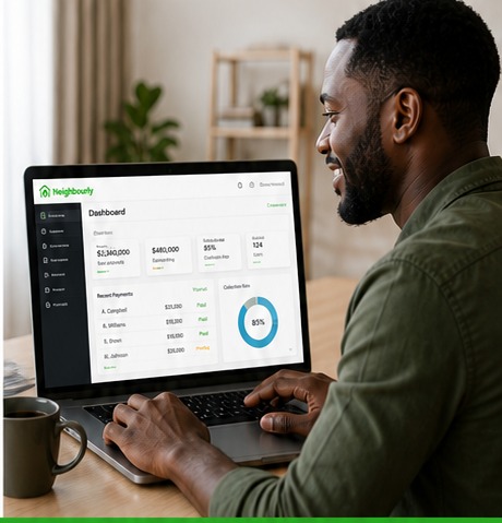 Man smiling at a laptop displaying the Neighbourly dashboard